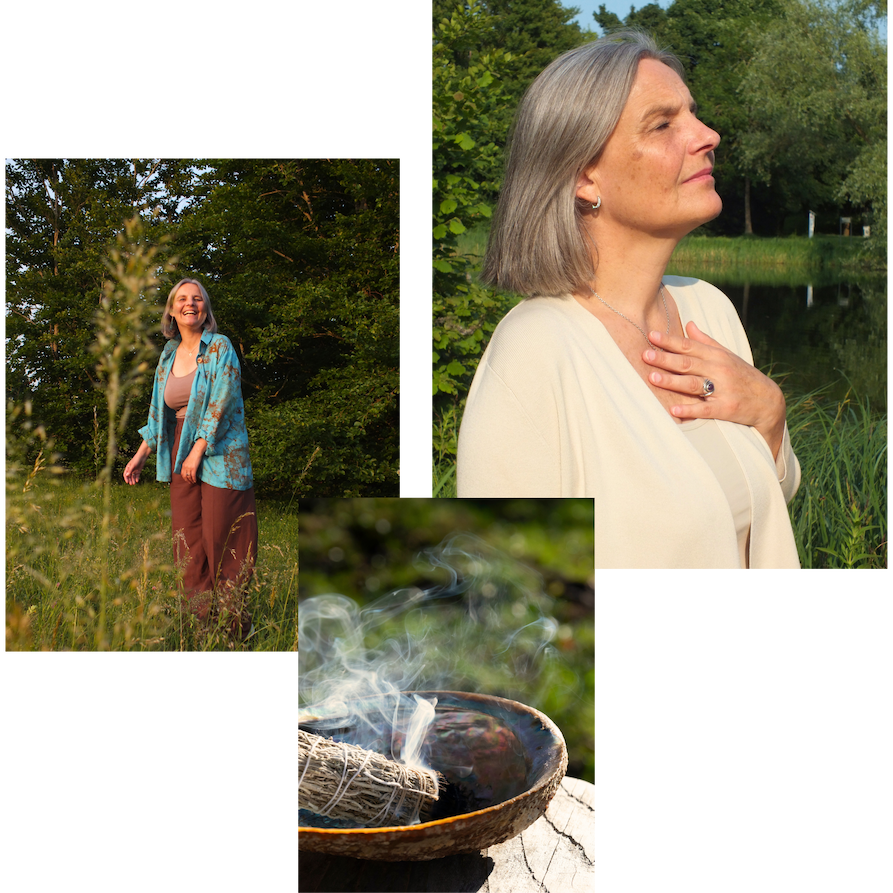 Eine Kollage mit Energetikerin Christine Gningue in der Natur beim Lachen, Energie spüren und Räuchern.