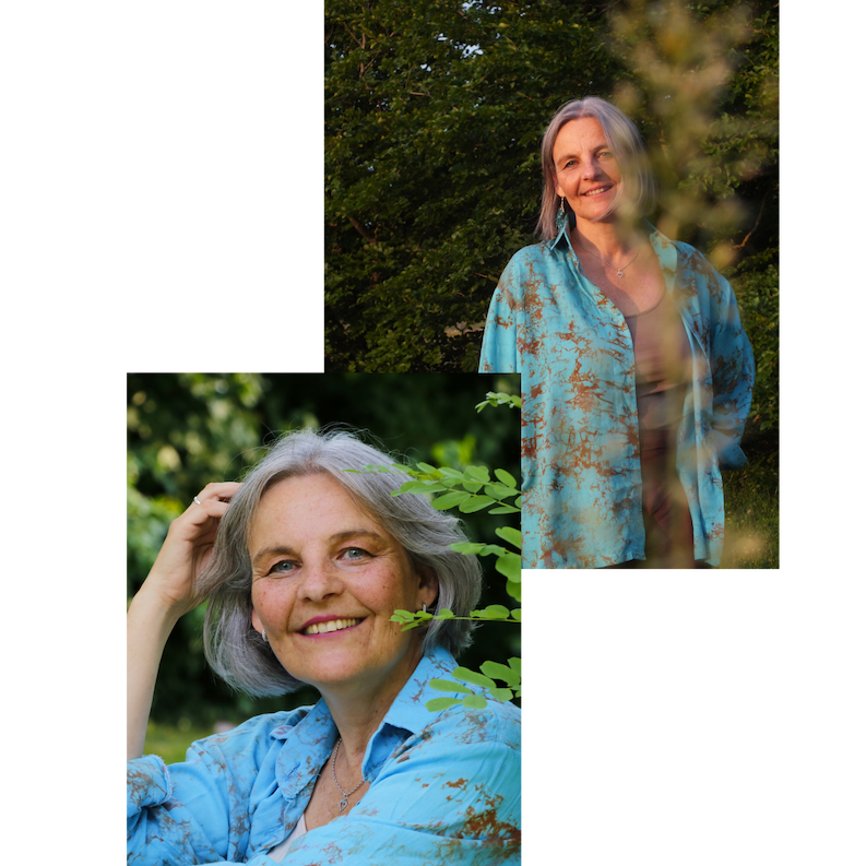 Bildkollage mit Energetikerin Christine Gningue, die zweimal glücklich und naturverbunden strahlt.