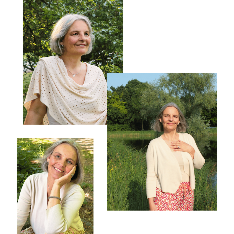 Eine Kollage mit drei Porträts von Energetikerin Christine Gningue, die Ruhe, Herzlichkeit und Verbundenheit ausstrahlen.